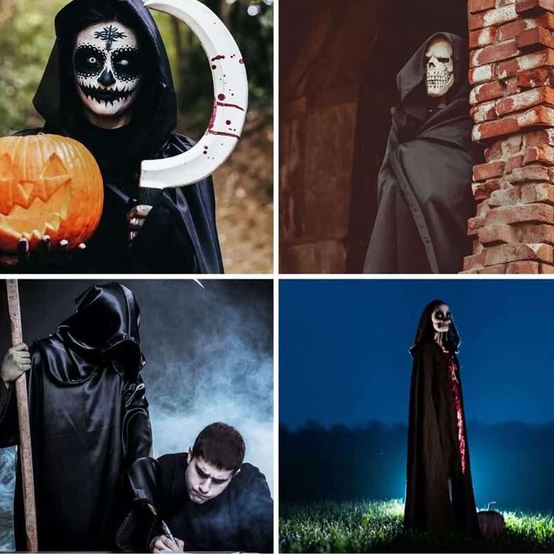 Halloween Costumes Halloween Cloak Cape Grim Reaper Costumes, Black satin Hooded Cape for Men Women