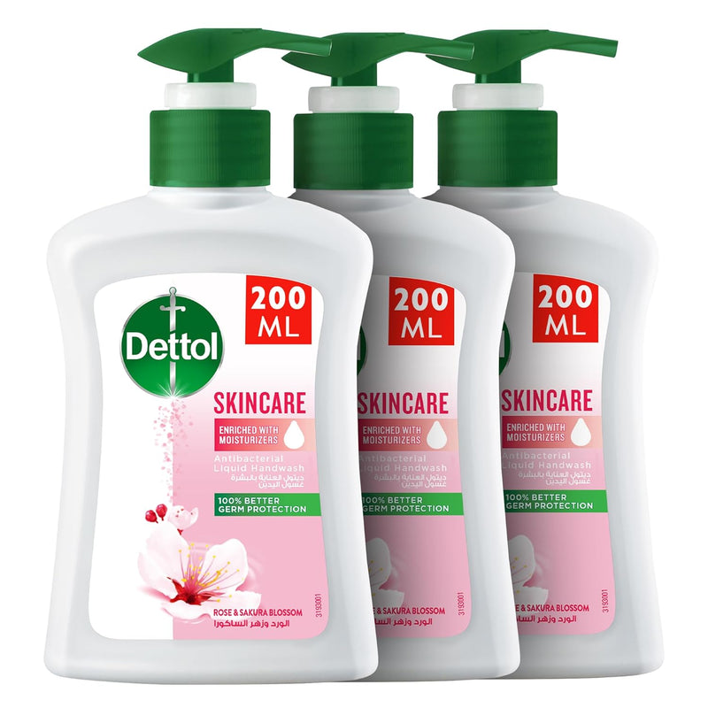 Dettol Handwash Liquid Soap Skincare Pump for Effective Germ Protection & Personal Hygiene, Protects Against 100 Illness Causing Germs, Rose & Sakura Blossom Fragrance, 200ml (Pack of 3)