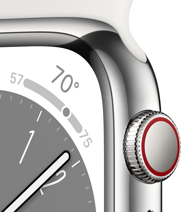 Apple New Apple Watch Series 8 (GPS + Cellular 45mm) Smart watch - Silver Stainless Steel Case with White Sport Band - Regular. Fitness Tracker, Blood Oxygen & ECG Apps, Water Resistant