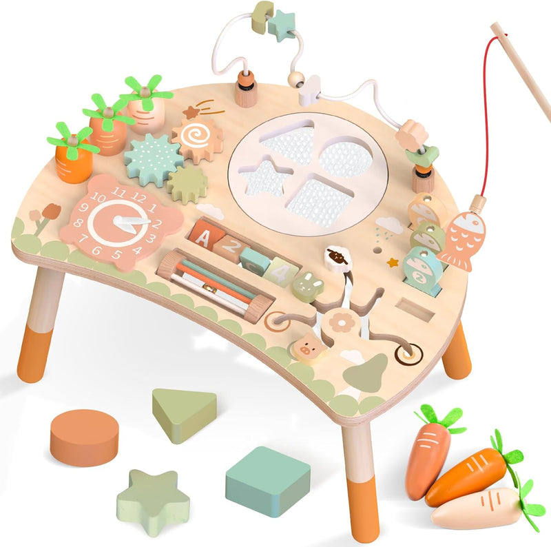 Wooden Activity Table for 1+ Year Old Baby, 9 in 1 Montessori Children's Toy, Sensory Bead Maze Toy Shape Sorter, Girls and Boys Birthday Gifts (Natural Colour) - Neutral Colors