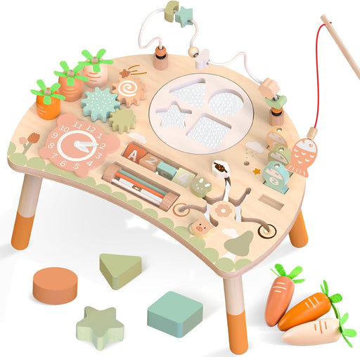 Wooden Activity Table for 1+ Year Old Baby, 9 in 1 Montessori Children's Toy, Sensory Bead Maze Toy Shape Sorter, Girls and Boys Birthday Gifts (Natural Colour) - Neutral Colors