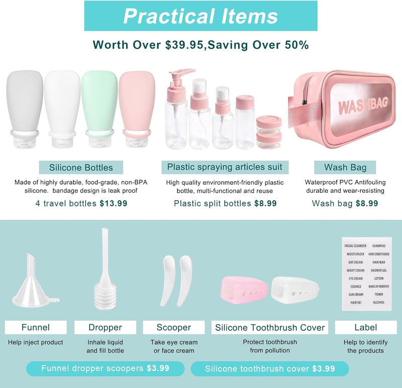 Noideeer 18 Pack Travel Bottle Set, 3oz Silicone Travel Containers, TSA Approved, BPA Free, with a Special Leak-Proof Design. Refillable Liquid Travel Size Toiletries Ideal.