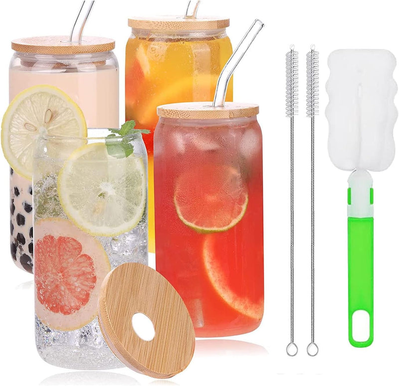 TAPIT Drinking Glasses with Bamboo Lids and Glass Straw, 13.5oz/17oz Beer Can Shaped Glass Cups, Tumbler Cup Ideal For Beer, Tea, Soda, Iced Coffee Include 2 Cleaning Brushes (2pcs,400ml*2)