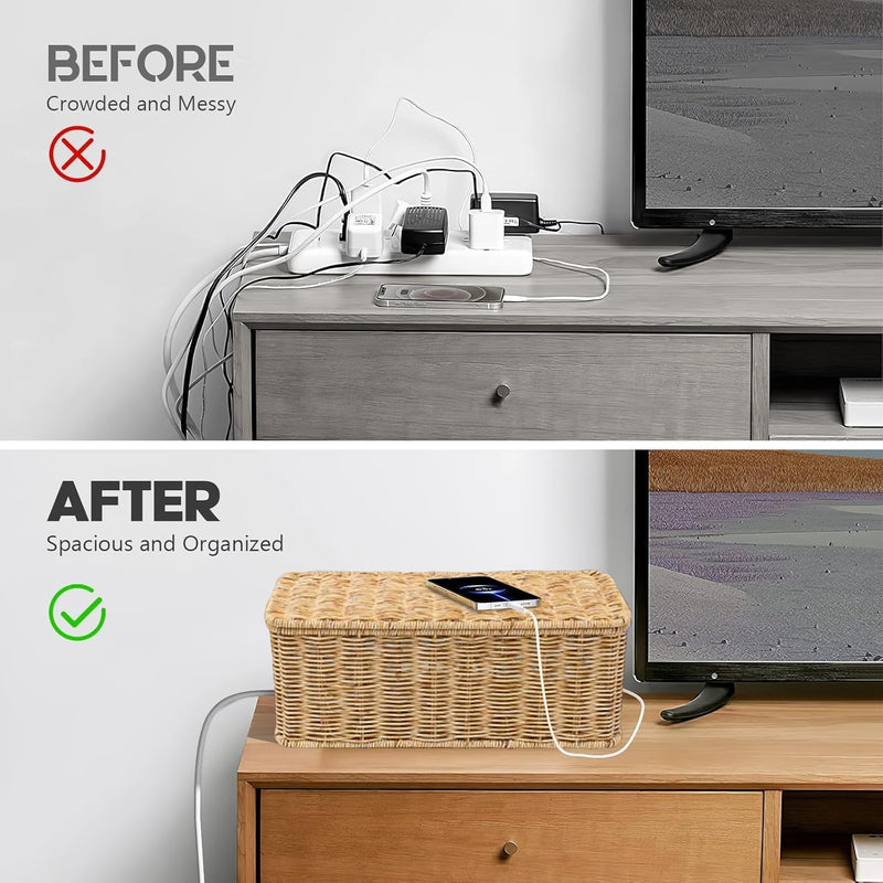 Cable Management Box, Handmade Rattan Cable Organizer, 2 Open Slots Cords Hider Box, Under Desk Cord Organizer for Computer Router Power Strip