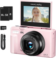 VJIANGER 4K Digital Camera for Photography, 64MP Vlogging Camera for YouTube with 3" 180 Flip Screen, 18X Digital Zoom Point and Shoot Camera with 32GB Micro SD Card for Beginner (Black) - YL15-W08-C-Pink