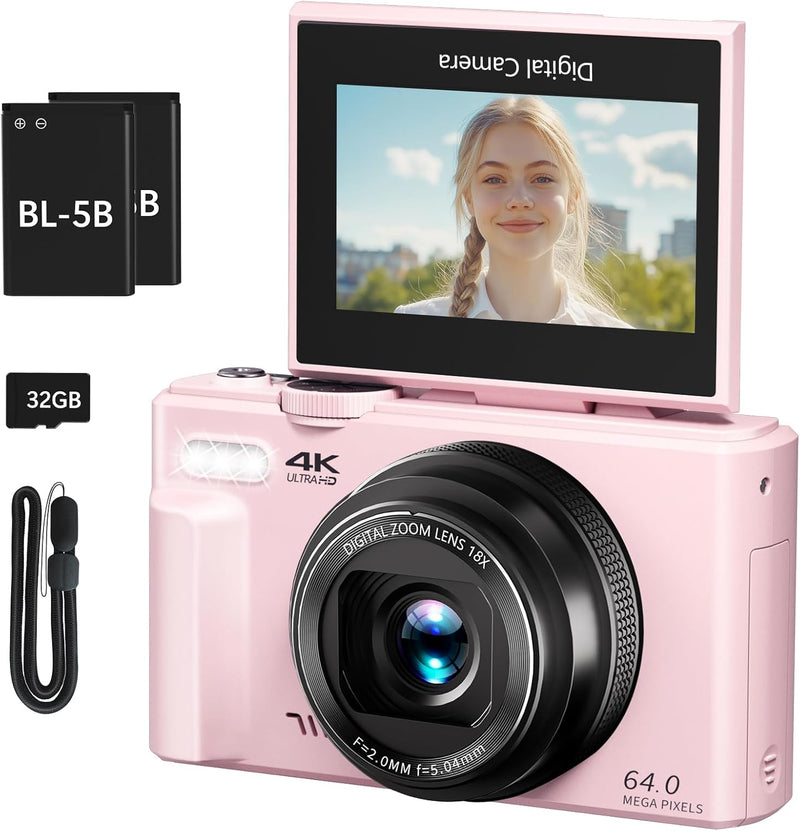 VJIANGER 4K Digital Camera for Photography, 64MP Vlogging Camera for YouTube with 3" 180 Flip Screen, 18X Digital Zoom Point and Shoot Camera with 32GB Micro SD Card for Beginner (Black) - YL15-W08-C-Pink