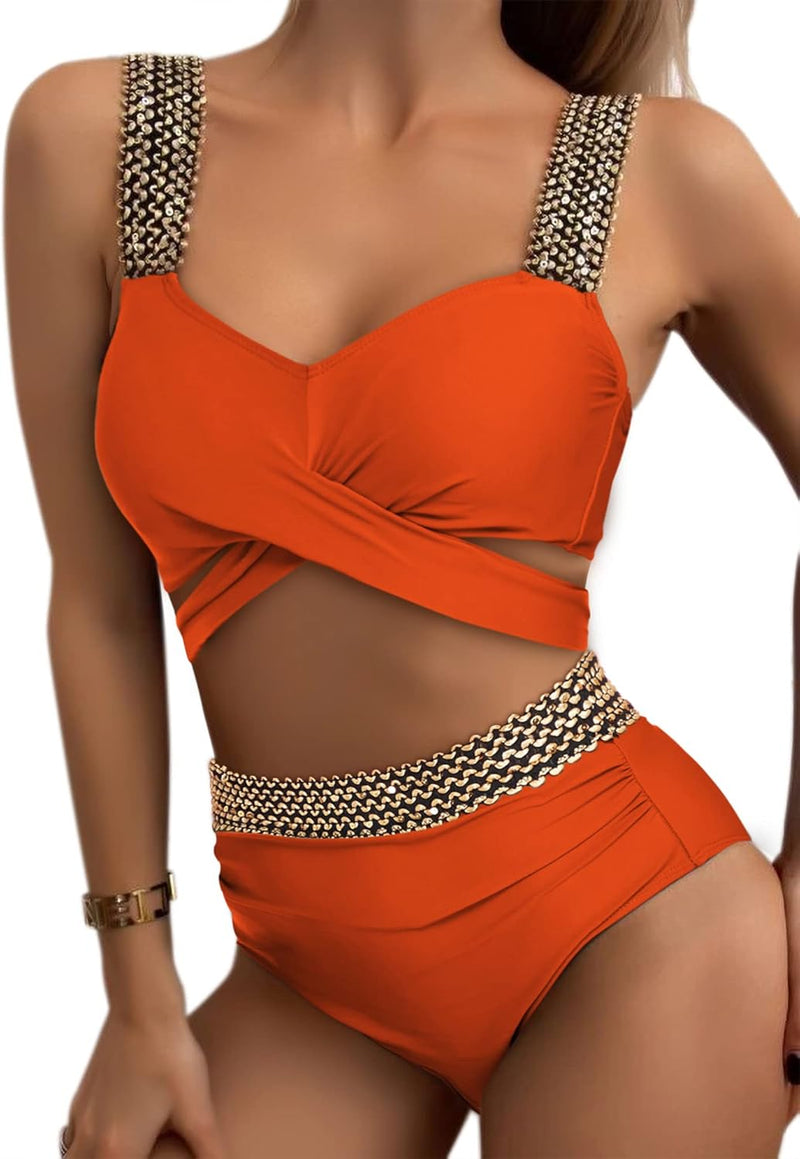 Eomenie Women Two Piece Cross Wrap Bathing Suit Tie Back, Tummy Control Swimsuit 2 Piece High Waist Curvy Bikini Swimwear
