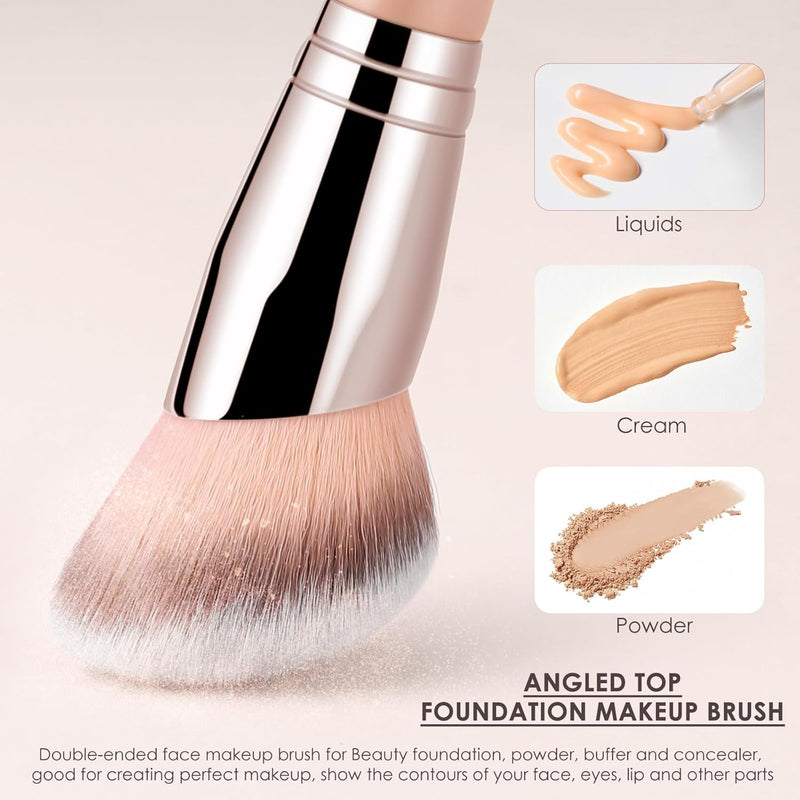 KINGMAS, Foundation Brush Double Ended Angled Round Contour Brush Powder Liquid Cream Concealer Blush Brush (Brown)