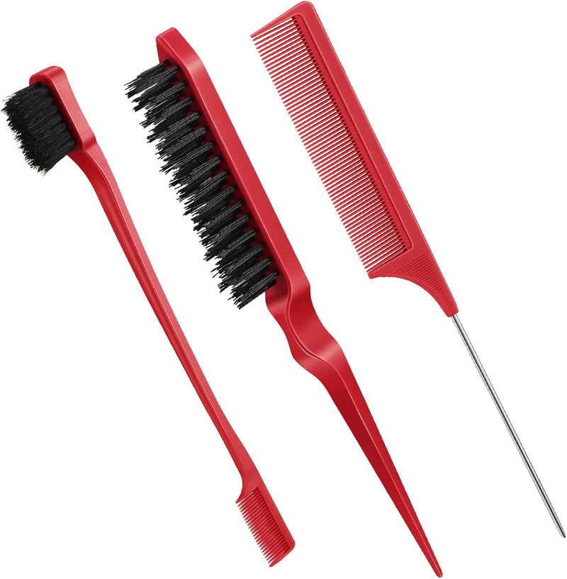 Geiserailie 3 Pcs Slick Back Hair Brush Set Bristle Brush Edge Control Teasing Comb for Women Black Hair(Black)