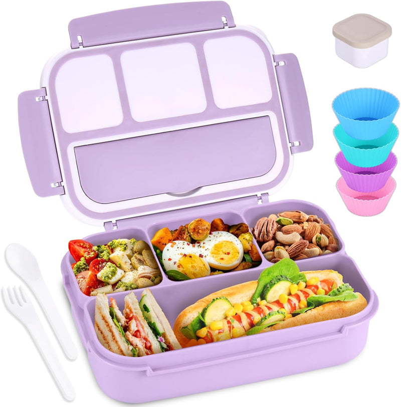 Bento Box Adult Lunch Box, Containers for Adults Men Women with 4 Compartments, Lunchable Food Container with Utensils, Sauce Jar, Muffin Liners, 40 Oz/5 Cup, Microwave & Dishwasher Safe, Brown - lavender 1200ML