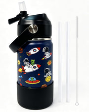 Stainless Steel Water Bottles for Kids, 18oz/530ml Insulated Water Bottle with Handle, Hot Water Bottle, Double Wall Vacuum Sports Water Bottle, BPA Free, Keep Cold and Hot, Water Bottle for School - Astronaut-Straw lid 12 ounces
