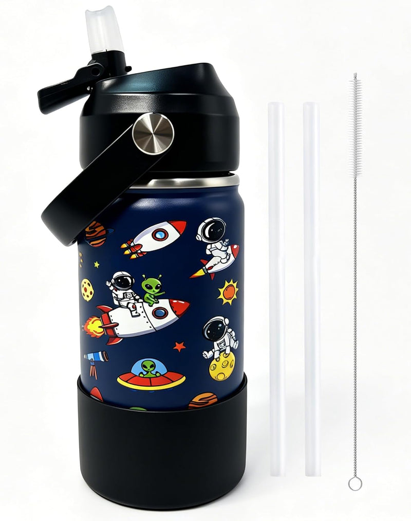 Stainless Steel Water Bottles for Kids, 18oz/530ml Insulated Water Bottle with Handle, Hot Water Bottle, Double Wall Vacuum Sports Water Bottle, BPA Free, Keep Cold and Hot, Water Bottle for School - Astronaut-Straw lid 12 ounces