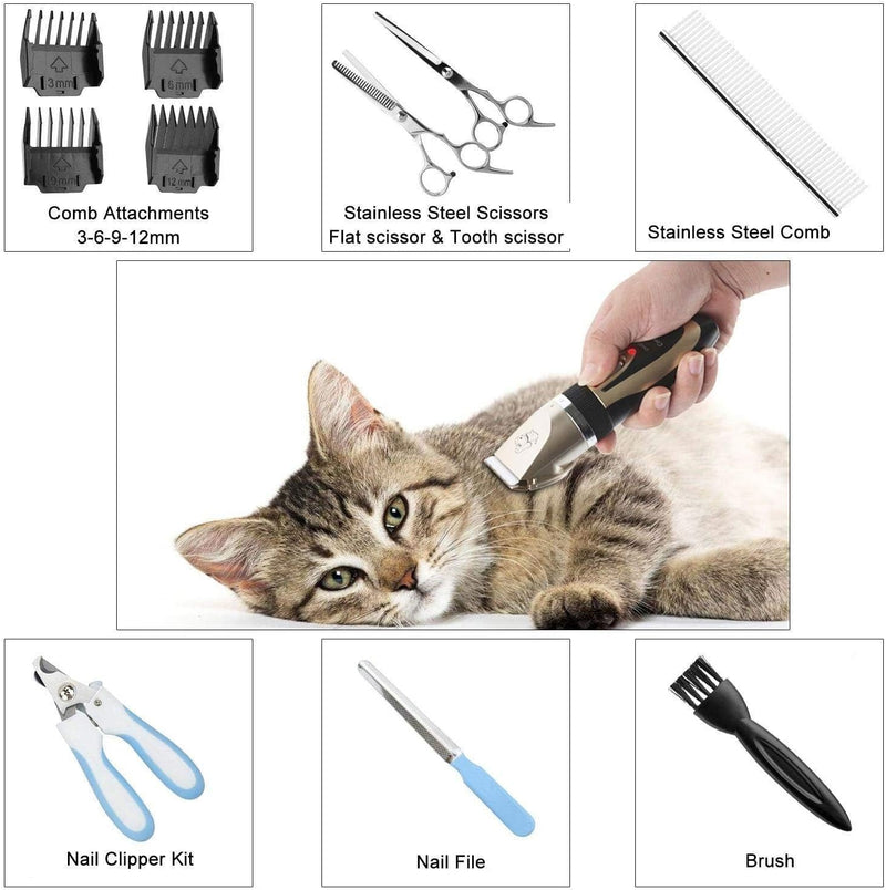 Mumoo Bear Pet Grooming Clipper Kits Low Noise Rechargeable Cordless Quiet Pet Groomer with 4 Comb Attachments and 4 Extra tools for Family Pets