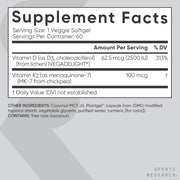Vitamin D3 + K2 w/Coconut Oil - Vegan Vitamin D 2500iu & Mk7 Vitamin K 100mcg for Bone & Immune Support - Vegan Certified Non-GMO Soy Free - 60 Softgels