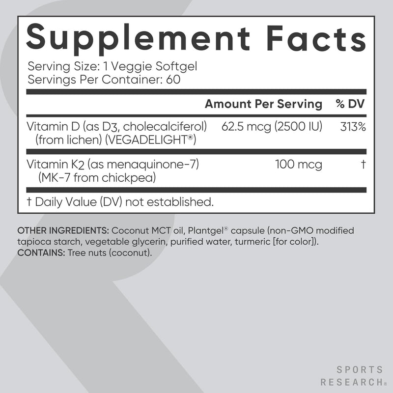 Vitamin D3 + K2 w/Coconut Oil - Vegan Vitamin D 2500iu & Mk7 Vitamin K 100mcg for Bone & Immune Support - Vegan Certified Non-GMO Soy Free - 60 Softgels