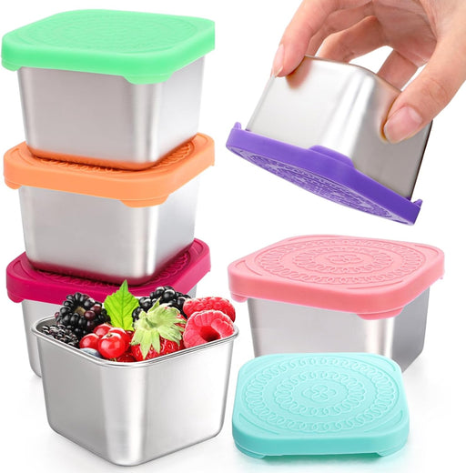 6 Pack Stainless Steel Snack Containers for Kids, 6 OZ Leakproof Metal Lunch Box with Silicone Lids, Small Salad Dressing Container To Go for Sauce Dip, Daycare School Travel Picnics