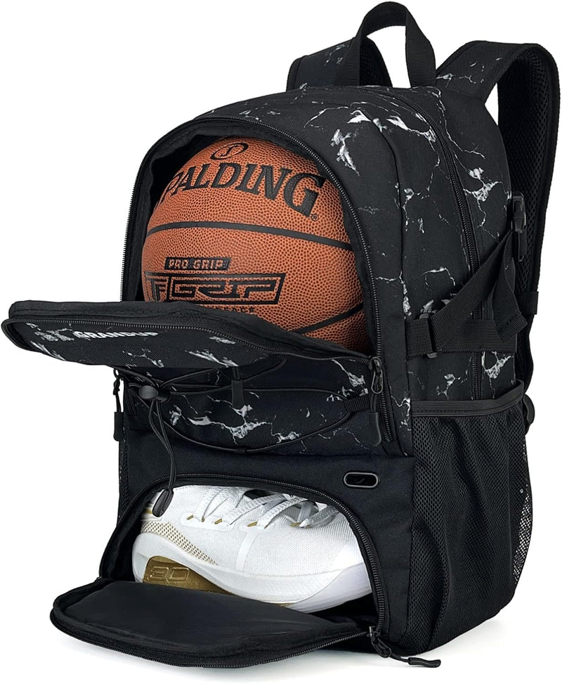 GRANDUP Basketball backpack with ball and shoes compartment Fit Volleyball, soccer, Swim, Gym, Travel, and School, large capacity sports training equipment bags - black marble
