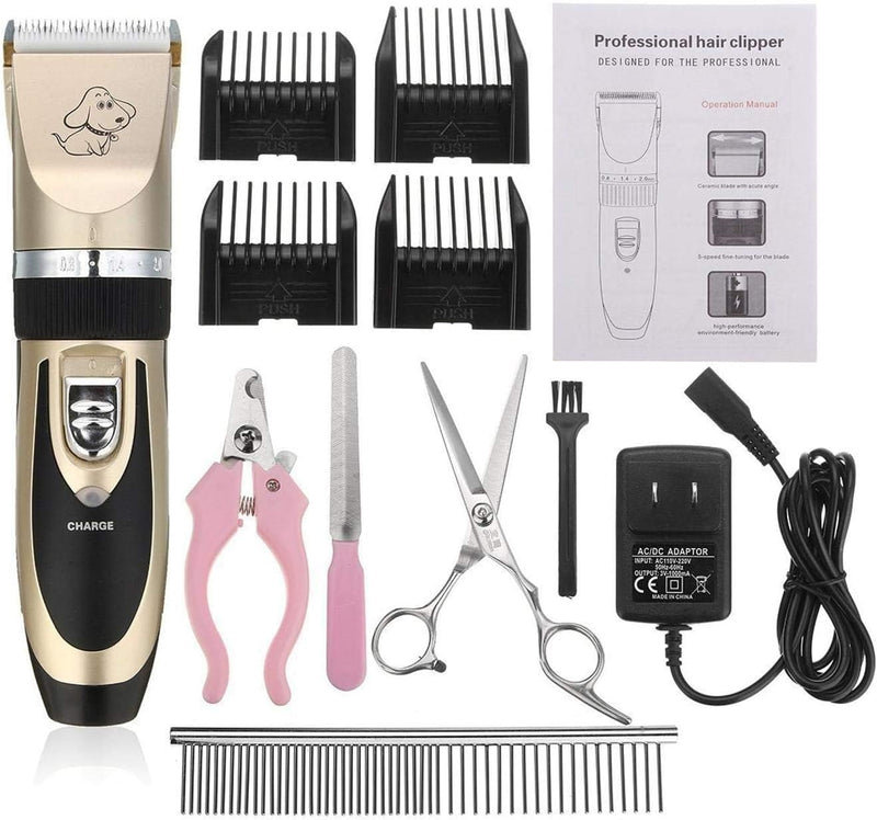Mumoo Bear Pet Grooming Clipper Kits Low Noise Rechargeable Cordless Quiet Pet Groomer with 4 Comb Attachments and 4 Extra tools for Family Pets