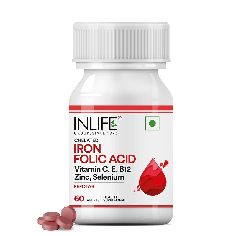 INLIFE Chelated Iron Folic Acid Supplement with Vitamin C, E, B12, Zinc & Selenium for Men Women - 60 Tablets (Pack of 1)