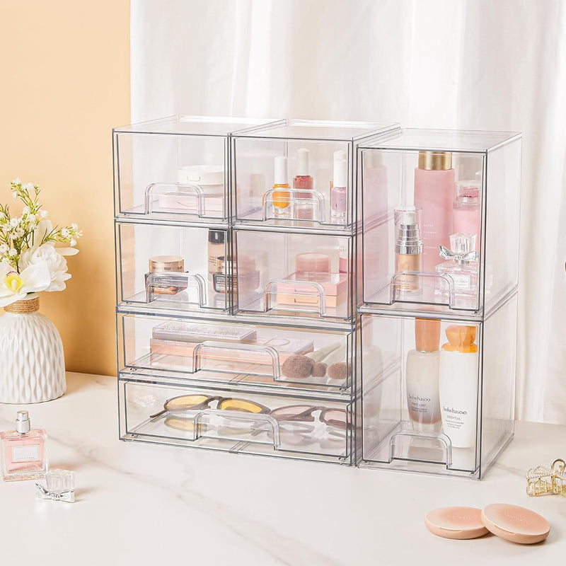 Vtopmart 12.1''W Clear Stackable Storage Drawers,4 Pack Acrylic Plastic Organizers Bins for Makeup Palettes, Cosmetics, and Beauty Supplies,Ideal for Vanity, Bathroom,Cabinet,Desk Organization