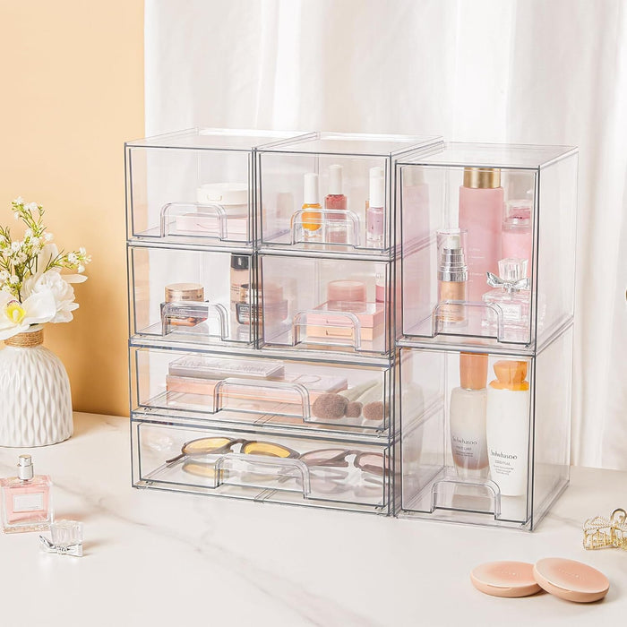 Vtopmart 12.1''W Clear Stackable Storage Drawers,4 Pack Acrylic Plastic Organizers Bins for Makeup Palettes, Cosmetics, and Beauty Supplies,Ideal for Vanity, Bathroom,Cabinet,Desk Organization