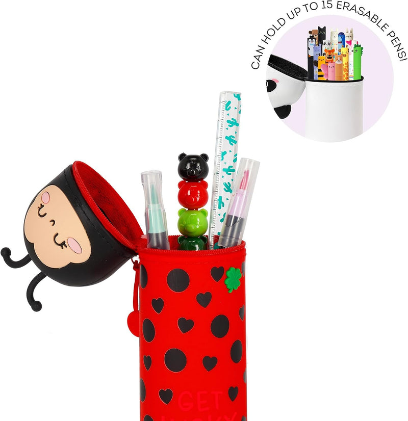 Legami - Kawaii School Pencil Case 2 in 1 Soft Silicone, Ladybug Theme, Table Pen Holder, Zipper Closure, Pastel Pens Marker, H 21.5 cm
