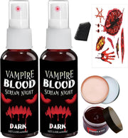 Halloween Fake Blood Makeup Kit, Fake Blood Set Included 2Pcs Fake Blood Spray Fake Blood Gel Makeup Scars Wax Spatula Black Stipple Sponge,Washable Safe for Mouth,Nosebleed, Cosplay (blood-4pcs) - blood-8pcs