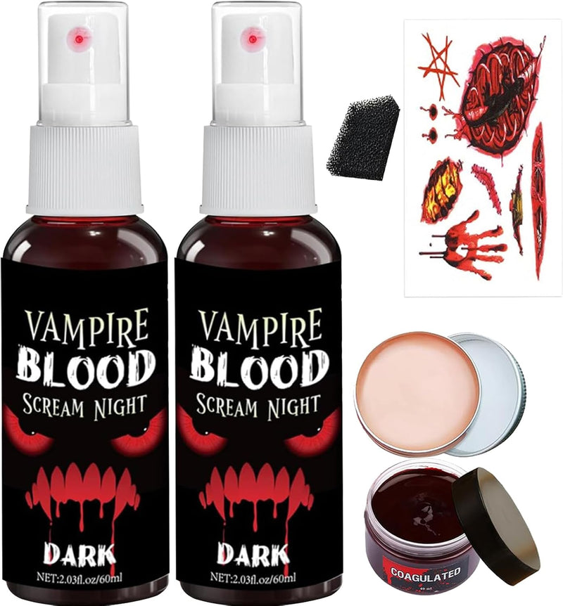 Halloween Fake Blood Makeup Kit, Fake Blood Set Included 2Pcs Fake Blood Spray Fake Blood Gel Makeup Scars Wax Spatula Black Stipple Sponge,Washable Safe for Mouth,Nosebleed, Cosplay (blood-4pcs) - blood-8pcs