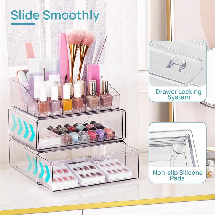 3 Tier Clear Makeup Organizer with Drawer,Cosmetic Storage for Dresser Countertop and Bathroom Vanity,Beauty Holder for Lipstick Brush Skincare (3 Tier)
