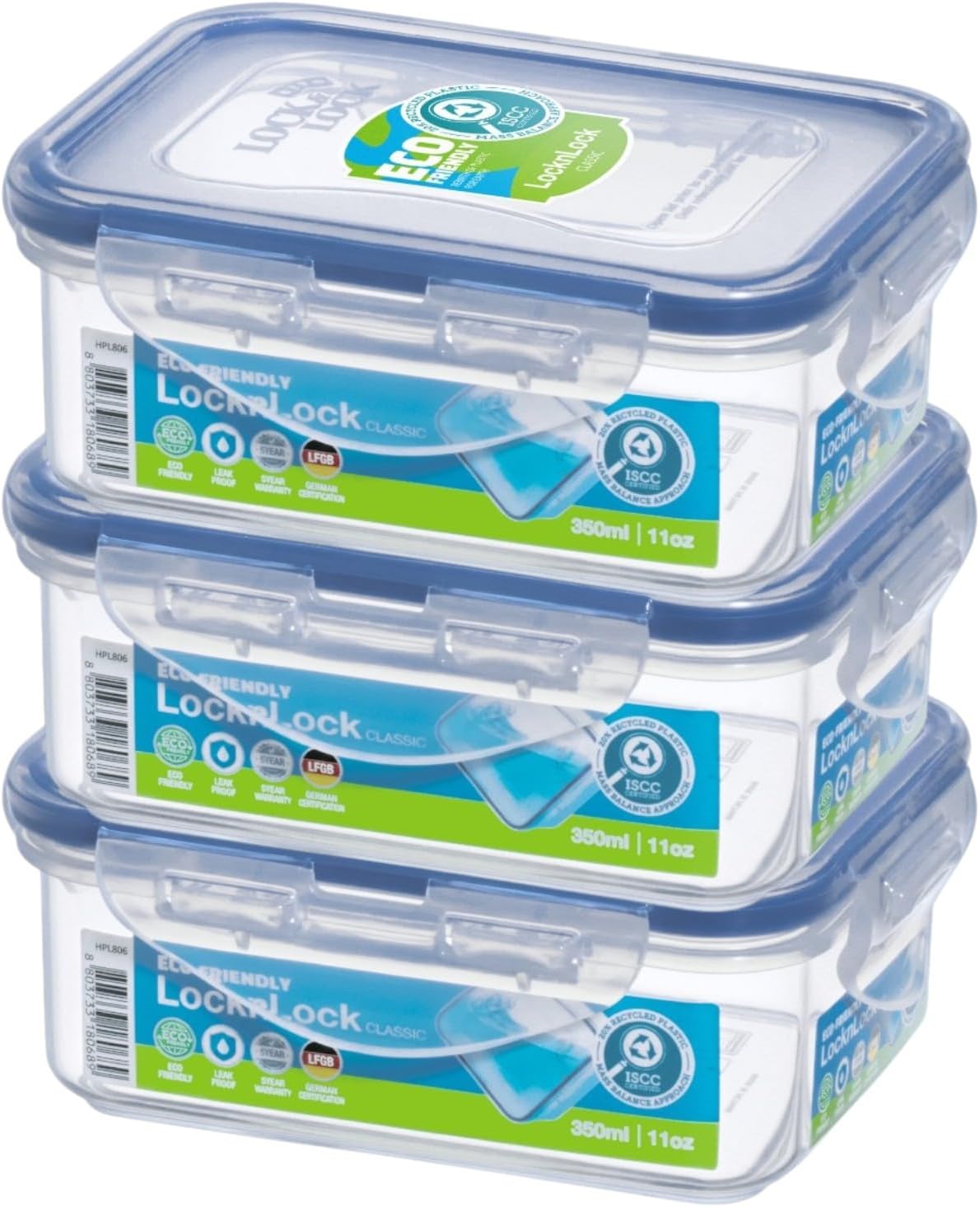 LocknLock 350ml Rectangular Airtight Food Storage PACK OF 3 - BPA-Free, Microwave, Freezer, and Dishwasher Safe – image 1