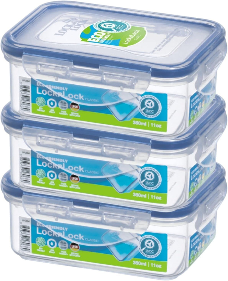 LocknLock 350ml Rectangular Airtight Food Storage PACK OF 3 - BPA-Free, Microwave, Freezer, and Dishwasher Safe