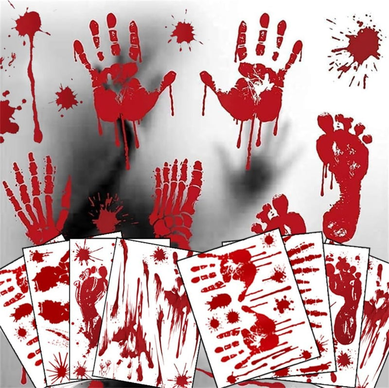 Halloween Bloody Handprint Footprint Stickers Decorations, 8 Sheets/64 Pcs Halloween Wall Window Floor Clings Decals, Scary Stickers For Haunted House Party
