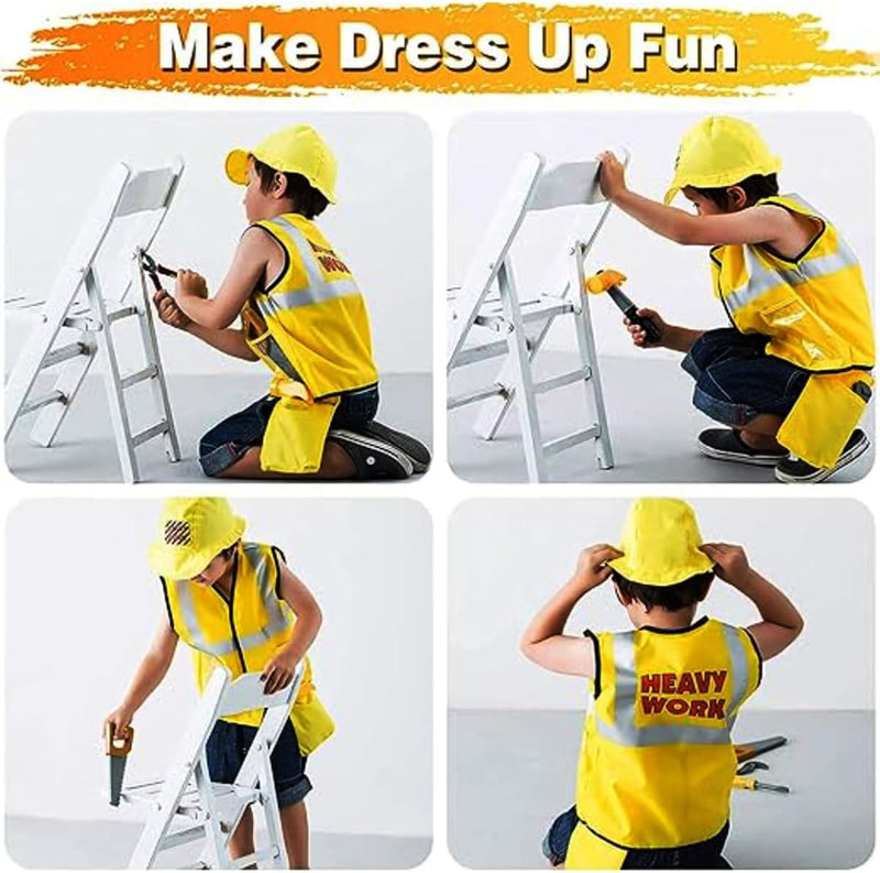 AMERTEER Construction Worker Costume for Kids Builder Dress-Up Set with Tool Belt, Hard Hat, Safety Vest & Toy Tools Pretend Play Outfit & Halloween Costume for Boys & Girls Ages 3-6