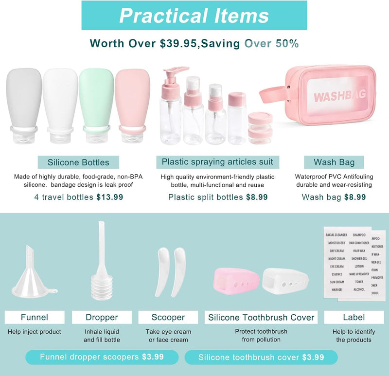 Noideeer 18 Pack Travel Bottle Set, 3oz Silicone Travel Containers, TSA Approved, BPA Free, with a Special Leak-Proof Design. Refillable Liquid Travel Size Toiletries Ideal.