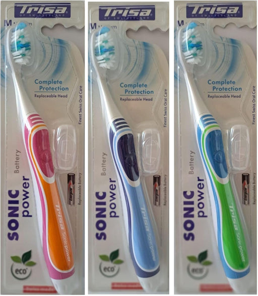 Trisa Sonic Battery Power Adult Toothbrush Complete - Medium with Travel Cap, Highly Efficient in Cleaning various type of dirt, Swiss Made 1 pc. Assorted color