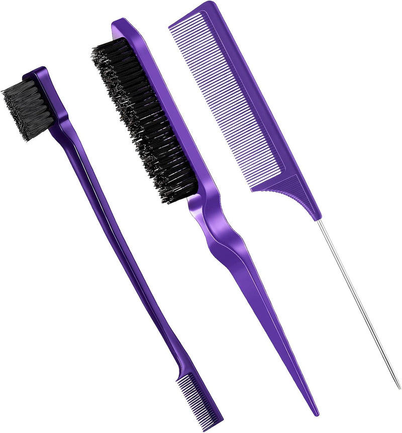 Geiserailie 3 Pcs Slick Back Hair Brush Set Bristle Brush Edge Control Teasing Comb for Women Black Hair(Black)