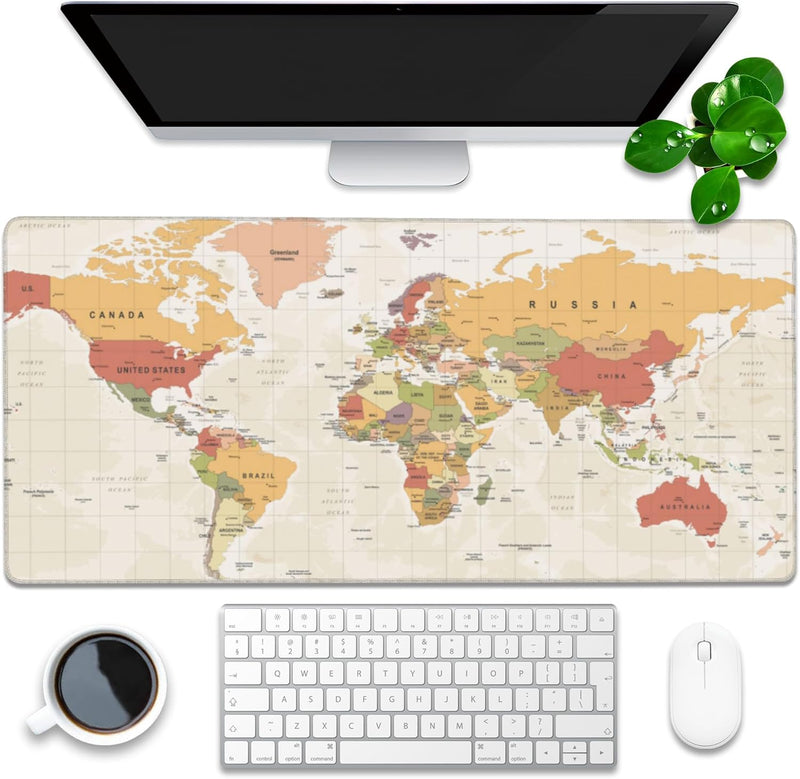Desk Pad, Green Honeycomb Science Technology Extended Gaming Mouse Pad Large, 35.4"x15.7" Big Mouse Pad with Non-Slip Base and Stitched Edge, Long Computer Keyboard Mouse Mat for Home Office Work - 35.4"x15.7" Retro World Map