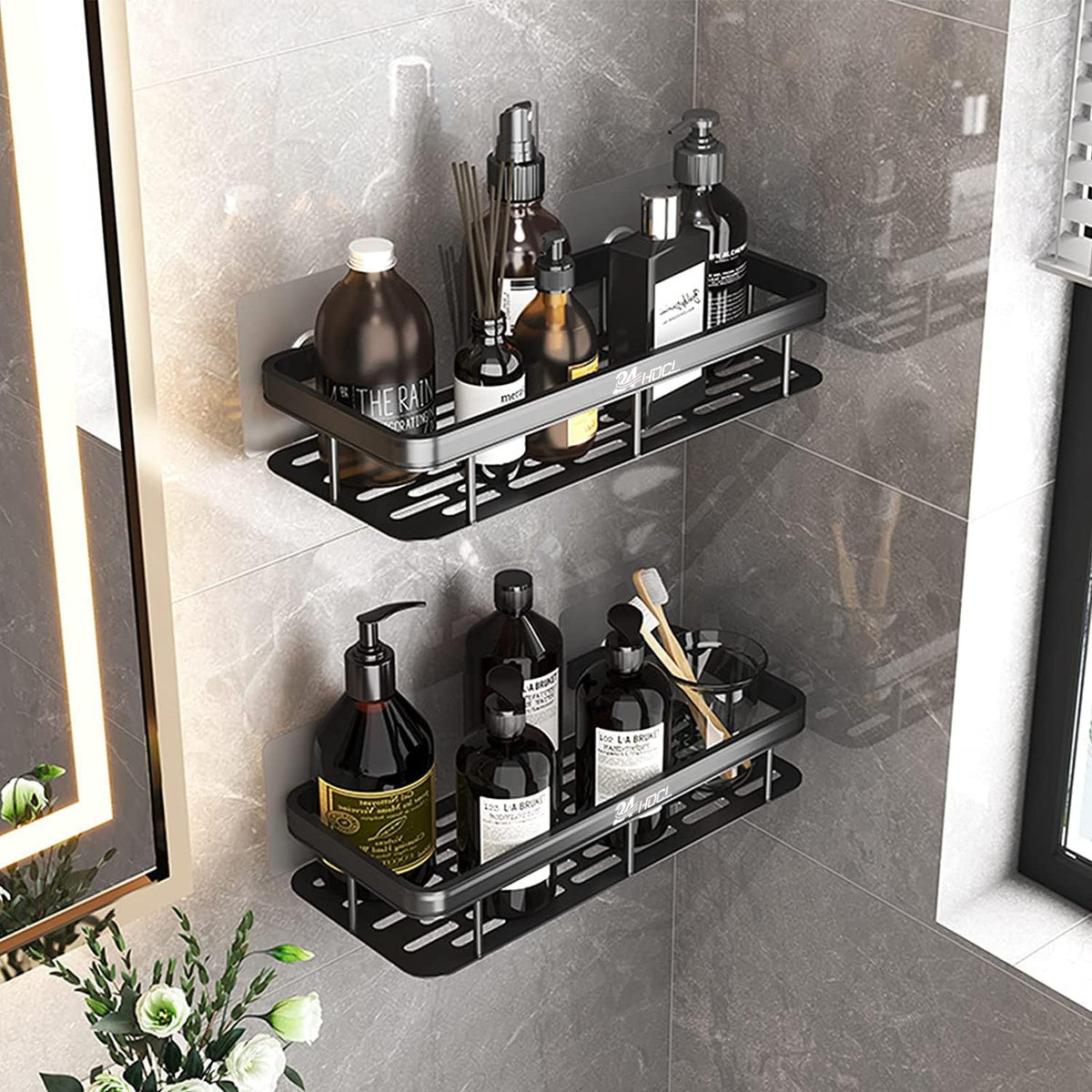 24HOCL Shower Caddy ShelfThickened Upgraded Version, Adhesive Black Bathroom Shower Rack, No Drilling Wall Mounted Shower Organizer, Rustproof Basket for Bathroom, Toilet, Kitchen (2 Pack) – image 9
