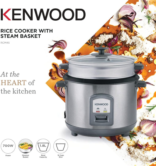 KENWOOD 2-in-1 Rice Cooker 1.8L 10-Cups Rice with Food Steamer Basket, Non-Stick Cooking Pot, Temepered Glass Lid, Warm/Cook Lights, Spatula Holder, Detachable Cord RCM44.000RD Red