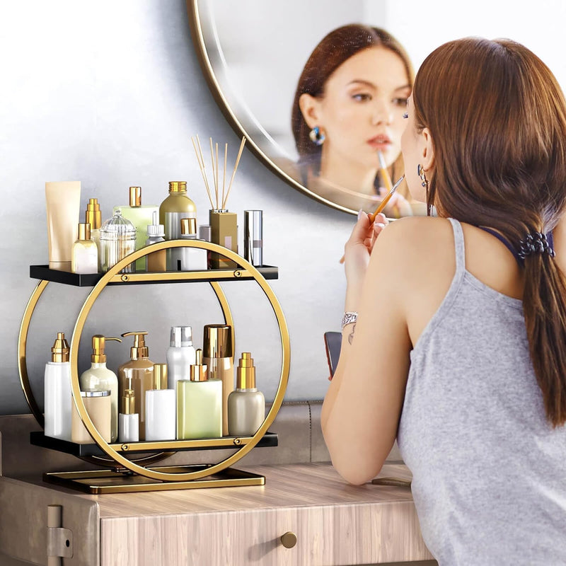 WEKOTEE Makeup Organizer for Vanity, Black Gold Perfume Organizer for Dresser- 2 Tier Skincare Organizers Bathroom Countertop Organizer, Make Up Counter Shelf Cosmetic Display Tray (55-02)
