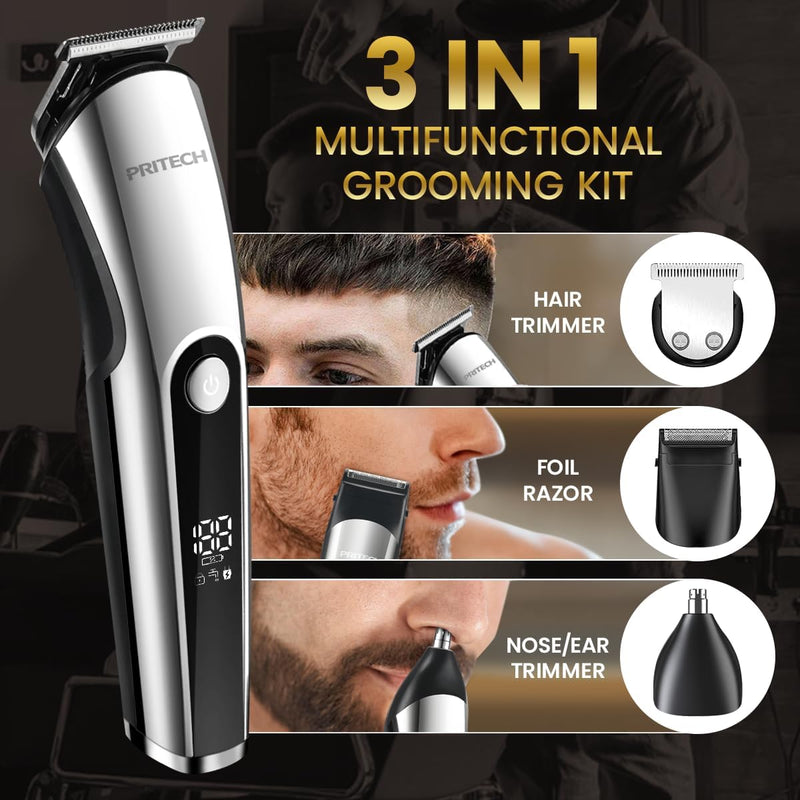 PRITECH Beard Trimmer for Men, 3 in 1 Hair Clippers for Men Kit, Nose Hair Trimmer, Micro Shaver Mens Grooming Kit Cordless Electric Hair Trimmer LED Display IPX6 (Silver)