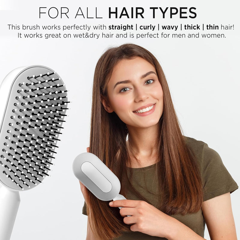Mariyabâ„¢ Self Cleaning Hair Brush-New 3D Air Cushion Brush for Detangling-Scalp Massager-Hair Brush with Nylon Bristles for All Hair-Easy Clean Hair Brush for Women & Men (White)