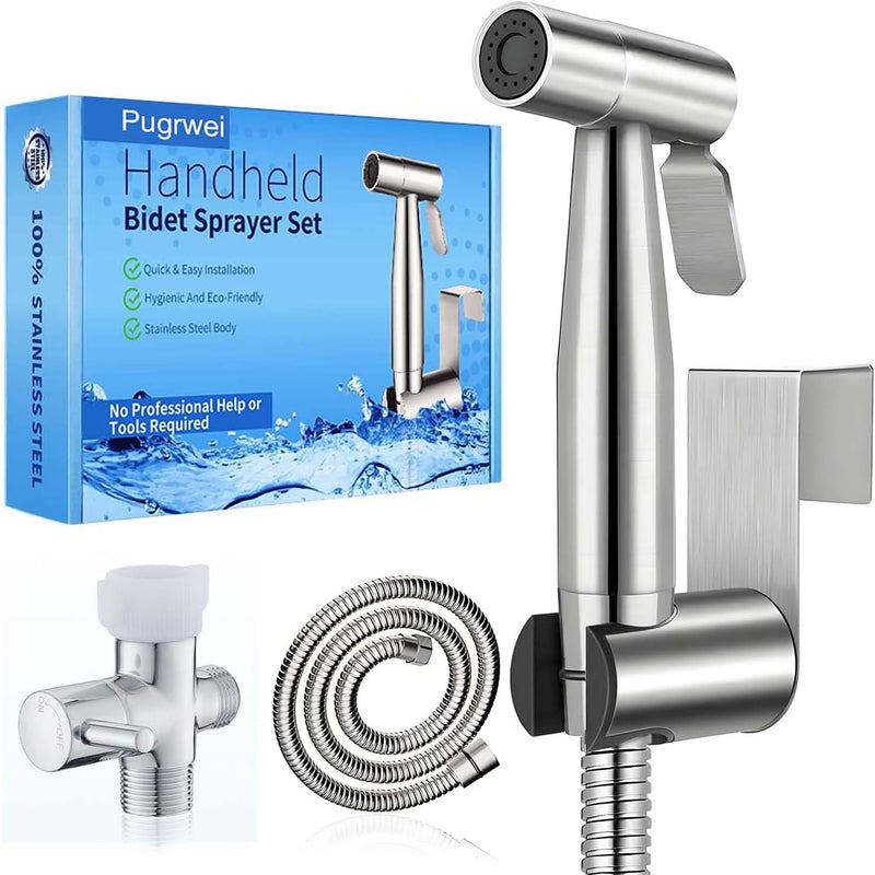 Pugrwei 【New Version】Handheld Bidet Sprayer for Toilet, Premium Stainless Steel Bathroom Bidet Sprayer Set, (Stainless Steel) (Brushed) (Control Value)