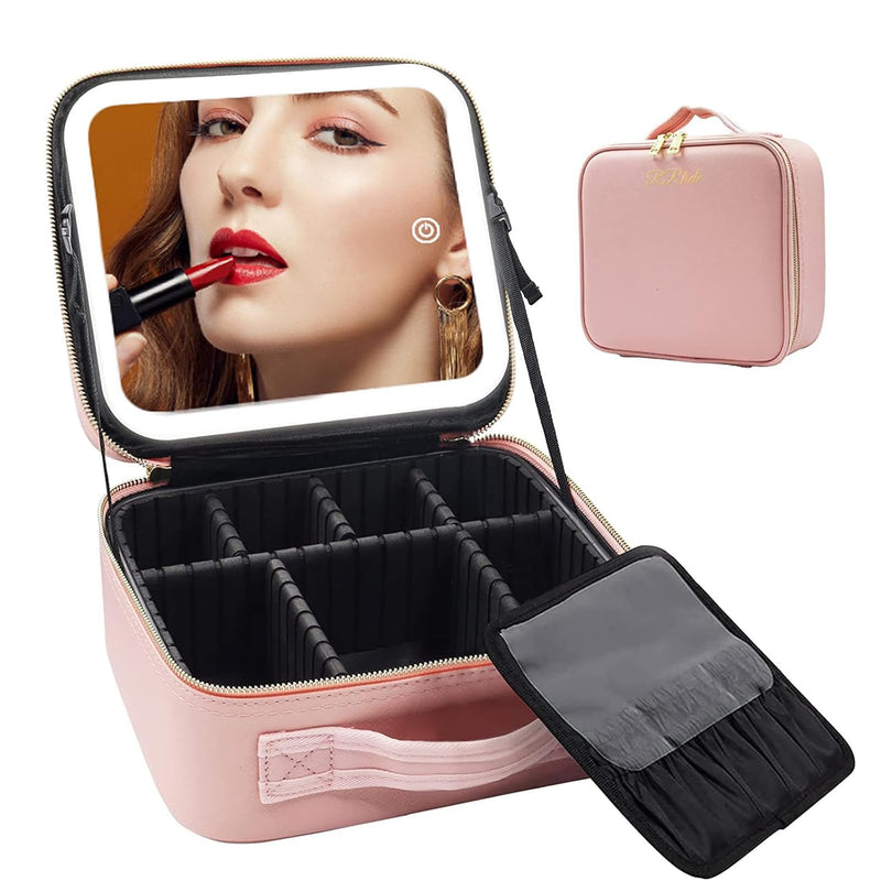 NBLE Travel Makeup Bag with LED Lighted Mirror, Adjustable Brightness LED Cosmetic Case with Divider Storage,Waterproof Portable Make Up Travel Box Accessories And Tools Case