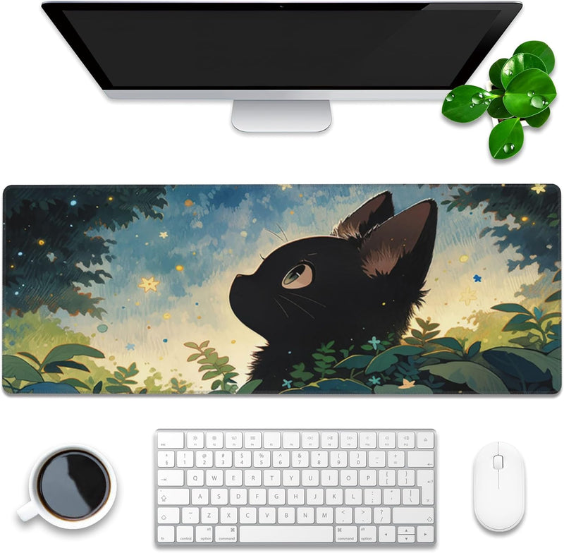 Desk Pad, Green Honeycomb Science Technology Extended Gaming Mouse Pad Large, 35.4"x15.7" Big Mouse Pad with Non-Slip Base and Stitched Edge, Long Computer Keyboard Mouse Mat for Home Office Work - 31.5"x11.8" Cute Black Cat