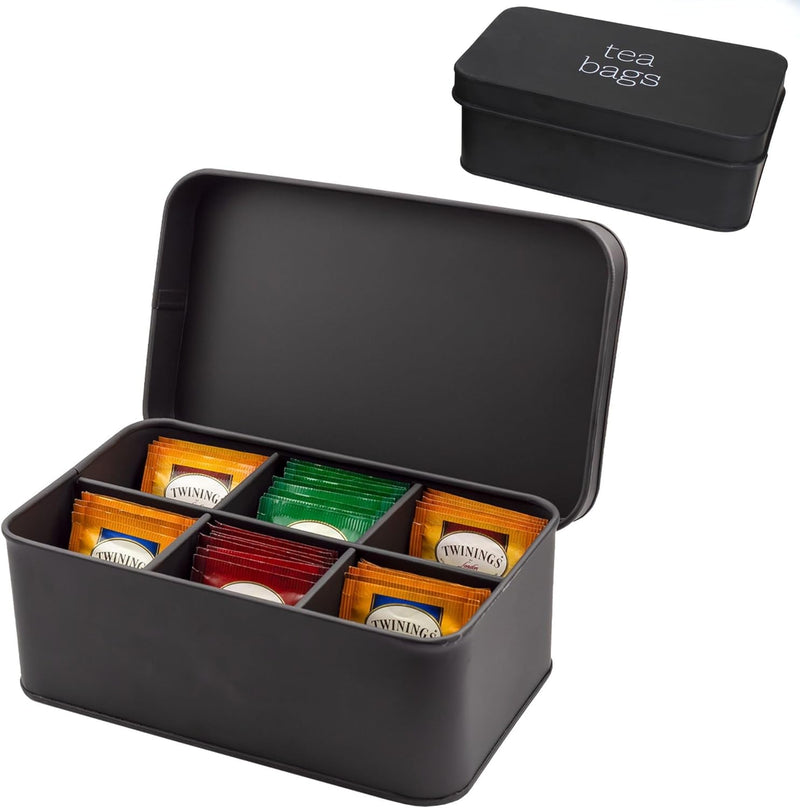 AuldHome Design Farmhouse Tea Bag Box, Vintage Retro Style Enamelware Tea Storage Tin - black / black