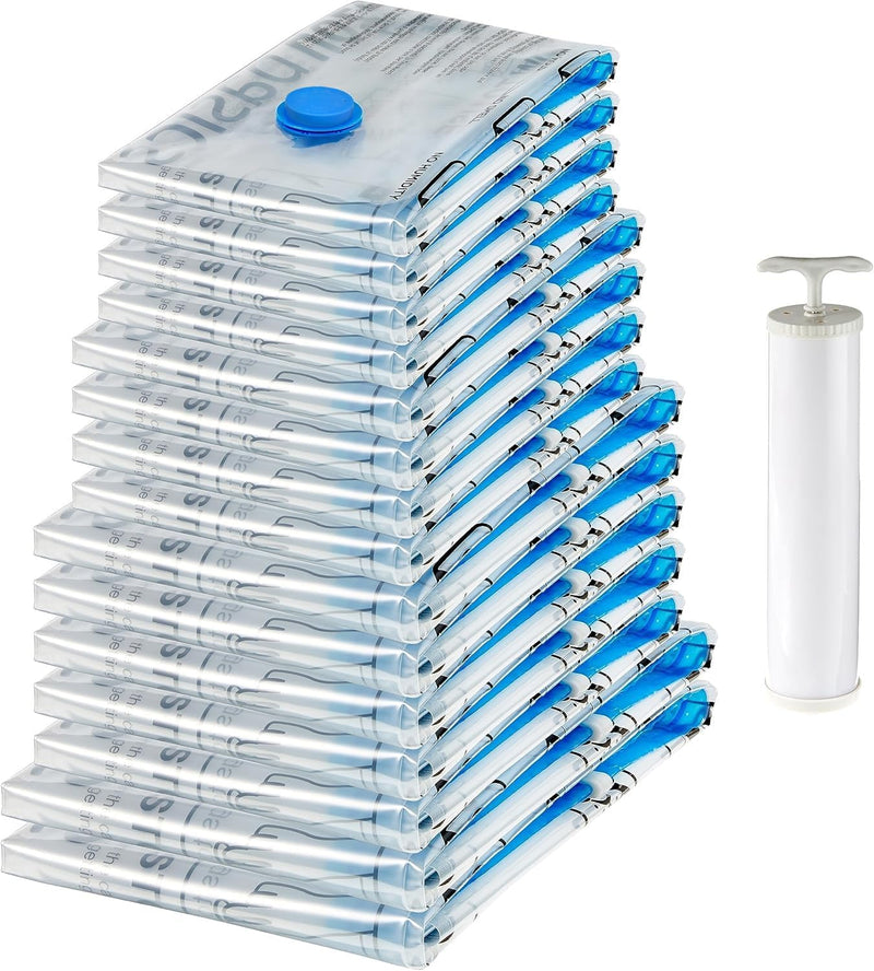 Vacuum Compression Zipper Storage Bags with Airtight Valve and Hand Pump, Large, 5-Pack, Clear - Multiple 15-Pack