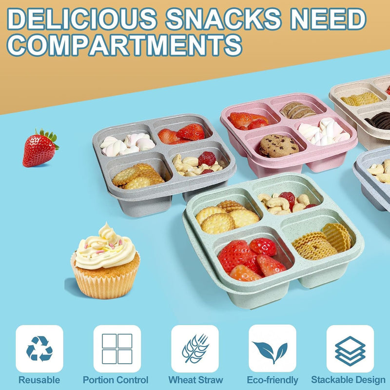 4-Pack Wheat Straw PP 4-Compartment Bento Lunch Box, Reusable Snack Box for Adults and Kids, Meal Prep Containers for School, Work, Travel, Freezer and Dishwasher Safe