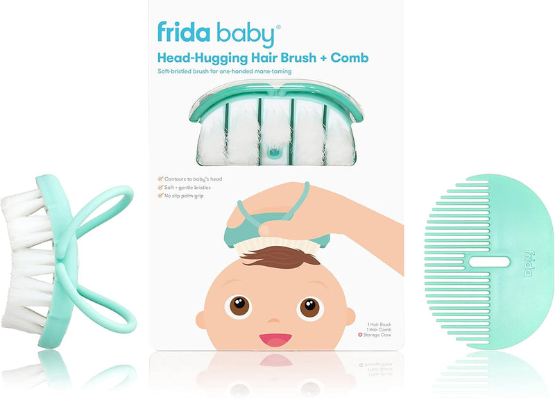 Frida Baby Head-Hugging Hairbrush and Comb Set: Flexi-Brush Countors to Head, Soft Bristled Brush, for Newborns and Up, Hair Brush + Comb + Storage Case