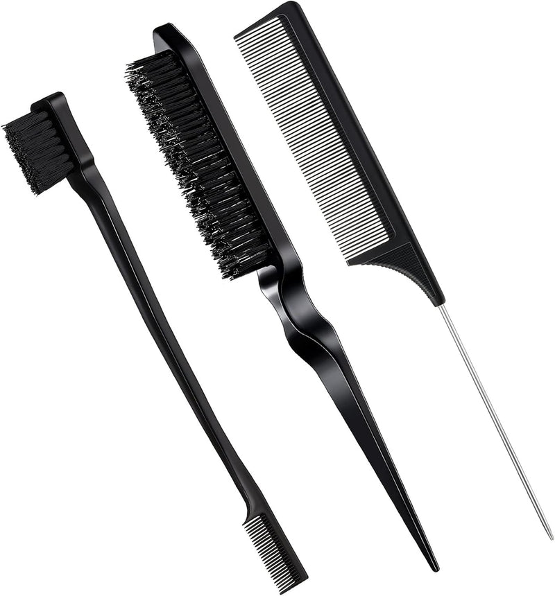 Geiserailie 3 Pcs Slick Back Hair Brush Set Bristle Brush Edge Control Teasing Comb for Women Black Hair(Black)